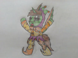 Size: 2047x1529 | Tagged: safe, artist:paladin360, oc, oc:frost d. tart, alicorn, pony, alicorn oc, bipedal, clothes, costume, horn, jester, jester motley, male, solo, stallion, traditional art, wings