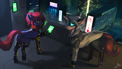 Size: 4000x2250 | Tagged: safe, artist:nsilverdraws, oc, oc only, oc:jovin, oc:jovin sharpsight, oc:raven quill, cyborg, pegasus, unicorn, cyber legs, cyberpunk, male, stallion