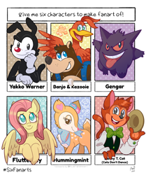 Size: 3000x3582 | Tagged: safe, artist:akaitsukii, derpibooru import, fluttershy, anthro, bear, bird, cat, pegasus, pony, animaniacs, anthro with ponies, backpack, banjo kazooie, bowtie, bust, cats don't dance, clothes, crossover, fawn, female, gengar, grin, hat, hummingmint, male, mare, open mouth, pokémon, six fanarts, smiling, tongue out, warner brothers, yakko warner