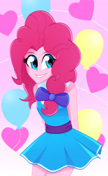 Size: 2084x3386 | Tagged: safe, artist:xan-gelx, pinkie pie, equestria girls, arm behind back, balloon, bow, clothes, commission, commissioner:imperfectxiii, cute, diapinkes, hair bow, heart, looking at you, skirt, smiling