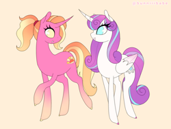 Size: 2048x1536 | Tagged: safe, artist:bunniiibabe, luster dawn, princess flurry heart, alicorn, pony, unicorn, the last problem, duo, female, grin, looking at each other, mare, older, older flurry heart, ponytail, raised hoof, smiling