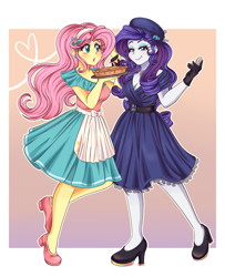 Size: 3500x4300 | Tagged: safe, artist:lucy-tan, fluttershy, rarity, equestria girls, adorasexy, breasts, cleavage, clothes, commission, cute, dessert, female, flarity, food, gloves, high res, lesbian, looking at you, open mouth, pie, sexy, shipping, tray, waitress