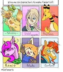 Size: 1005x1137 | Tagged: safe, artist:miss_anthesy, sunburst, anthro, butterfly, cat, human, pony, red panda, unicorn, aggretsuko, ampharos, anthro with ponies, bust, clothes, crossover, devil horn (gesture), female, fluffy, glasses, male, moth wings, pokémon, retsuko, sanrio, scarf, six fanarts, smiling, stallion, sunglasses, violet evergarden, warrior cats, wings