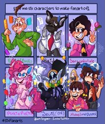 Size: 535x627 | Tagged: safe, artist:artistgmer, derpibooru import, pinkie pie, anthro, earth pony, pony, aggretsuko, anthro with ponies, bill cipher, bust, clothes, colored hooves, crossover, deltarune, female, gravity falls, haida, hat, jevil, mare, necktie, peace sign, sanrio, six fanarts, steven universe