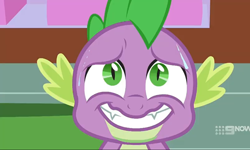 Size: 1204x720 | Tagged: safe, screencap, spike, dragon, spoiler:cakes for the memories, spoiler:mlp friendship is forever, 9now, adorkable, cakes for the memories, cute, dork, fangs, nervous grin, solo, sweat, winged spike