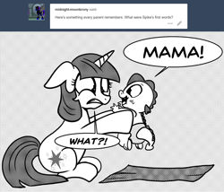 Size: 1200x1028 | Tagged: safe, artist:mamatwilightsparkle, spike, twilight sparkle, unicorn twilight, dragon, pony, unicorn, baby, baby spike, blanket, comic, diaper, first words, mama twilight, mama twilight sparkle, monochrome, tumblr, younger