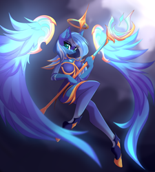 Size: 3909x4338 | Tagged: safe, artist:airiniblock, oc, oc only, oc:vivid tone, anthro, pegasus, unguligrade anthro, absurd resolution, anthro oc, clothes, commission, female, floating wings, league of legends, looking at you, mare, not luna, scepter, smiling, soraka, staff, wand, wings
