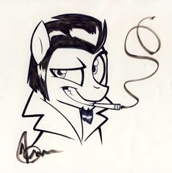Size: 1024x1030 | Tagged: safe, artist:sketchywolf-13, oc, oc only, oc:sketchy, earth pony, pony, cigarette, clothes, monochrome, smiling, smoking, solo, traditional art
