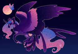 Size: 4810x3300 | Tagged: safe, artist:turnipberry, oc, oc only, oc:midnight melody, alicorn, pony, black background, curved horn, cutie mark, ethereal mane, ethereal wings, feathered fetlocks, female, horn, large wings, magical lesbian spawn, mare, offspring, parent:fluttershy, parent:princess luna, parents:lunashy, simple background, solo, starry wings, tail feathers, wings