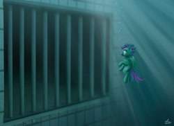 Size: 680x496 | Tagged: safe, artist:luminousdazzle, oc, oc only, pegasus, pony, bubble, darkness, female, lighting, mare, oc needed, solo, stunned, submechanophobia, swimming pool, underwater, vents