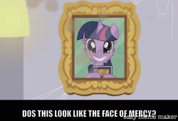 Size: 1534x1046 | Tagged: safe, artist:titus16s, edit, edited screencap, screencap, twilight sparkle, pony, unicorn, the point of no return, book, caption, does this look like the face of mercy, image macro, meme, picture frame, solo, starry eyes, text, wingding eyes