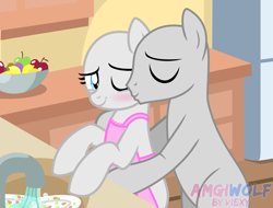 Size: 2079x1578 | Tagged: safe, artist:amgiwolf, oc, oc only, earth pony, pony, apple, apron, bald, base, bipedal, blushing, bowl, clothes, commission, earth pony oc, eyes closed, food, housewife, kiss on the cheek, kissing, kitchen, oc x oc, one eye closed, shipping, sink, smiling, watermark, wink, your character here