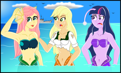 Size: 3079x1847 | Tagged: safe, artist:physicrodrigo, part of a series, part of a set, applejack, fluttershy, twilight sparkle, angler fish, bird, mermaid, series:equestria mermaids, equestria girls, angry, applerack, armpits, battleship, belly button, boat, breasts, clothes, cloud, disappearing clothes, earfins, female, gills, headlight sparkle, high res, hootershy, looking back, loose hair, mermaidized, midriff, ocean, open mouth, raised eyebrow, seashell bra, species swap, story included, torn clothes, trio, trio female