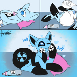 Size: 1200x1200 | Tagged: safe, artist:foxxo666, adult foal, baby bottle, comic, commission, diaper, diaper fetish, fetish, latex, latex suit, radioactive, rubber drone, transformation, ych example, your character here