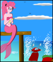 Size: 1772x2050 | Tagged: safe, alternate version, artist:physicrodrigo, part of a series, part of a set, pinkie pie, bird, mermaid, series:equestria mermaids, equestria girls, alternate ending, april fools joke, avengers: infinity war, bad end, belly button, breasts, bubble, cleavage, cloud, crying, disintegration, fake, faker than a three dollar bill, female, frown, hans christian andersen, i don't feel so good, implied applejack, implied death, mermaidized, midriff, moped, ocean, paper, pen, pier, pinkie pies, ponytail, sad, scooter, sea foam, seashell bra, sitting, solo, species swap, the little mermaid, writing