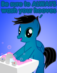 Size: 3195x4104 | Tagged: safe, artist:agkandphotomaker2000, oc, oc:pony video maker, pegasus, pony, bubble, coronavirus, covid-19, faucet, male, public service announcement, show accurate, sink, soap, soap bubble, solo, text, washing