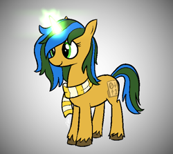 Size: 602x538 | Tagged: safe, artist:modocrisma, oc, oc only, oc:bitwise, pony, unicorn, aura, clothes, doodle, female, glowing horn, gradient background, horn, magic, magic aura, mare, scarf, simple background, smiling, solo, unshorn fetlocks, watermark