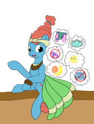 Size: 2403x3168 | Tagged: safe, artist:appleneedle, artist:icey-wicey-1517, color edit, edit, meadowbrook, earth pony, pony, banana, bandana, boop, bubble, clothes, colored, coronavirus, covid-19, female, food, mare, mask, open mouth, orange, public service announcement, raised hoof, simple background, skirt, soap, solo, sun, transparent background