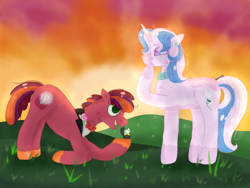 Size: 2048x1536 | Tagged: safe, artist:givolpon, artist:kindheart525, oc, oc only, oc:discovery, oc:primrose, earth pony, pony, unicorn, female, kindverse, male, mare, marriage proposal, oc x oc, offspring, offspring shipping, parent:big macintosh, parent:cheerilee, parent:fancypants, parent:fleur-de-lis, parents:cheerimac, parents:fancyfleur, shipping, stallion, story in the source, story included, straight, vitiligo