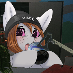 Size: 394x394 | Tagged: safe, artist:nording, oc, oc:kumikoshy, beanie, blushing, condensed milk, escape from tarkov, hat, hatchet, milk, tongue out, usec, video game