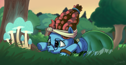 Size: 5250x2700 | Tagged: safe, artist:silverhopexiii, meadowbrook, earth pony, pony, bioluminescent, female, glasses, high res, mare, mushroom, prone, solo