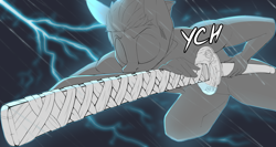 Size: 3000x1600 | Tagged: safe, artist:chapaevv, anthro, advertisement, commission, katana, lightning, male, nagamaki, night, rain, solo, sword, weapon, ych sketch, your character here