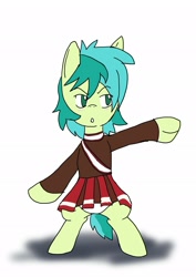 Size: 1451x2048 | Tagged: safe, artist:omegapony16, sandbar, earth pony, pony, bipedal, cheering, cheerleader, cheerleader outfit, cheerleader sandbar, clothes, clothes swap, crossdressing, male, open mouth, simple background, solo, stallion, white background