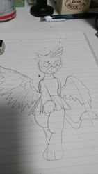 Size: 1152x2048 | Tagged: safe, artist:omegapony16, gallus, griffon, cheerleader, cheerleader outfit, clothes, clothes swap, crossdressing, irl, lineart, lined paper, male, nervous, pencil, photo, skirt, solo, traditional art