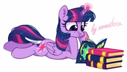 Size: 1185x671 | Tagged: safe, artist:sonnatora, twilight sparkle, twilight sparkle (alicorn), alicorn, pony, book, bookhorse, cute, ear fluff, female, magic, mare, prone, reading, simple background, solo, telekinesis, twiabetes, white background