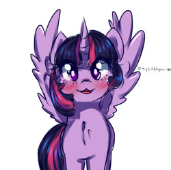 Size: 500x497 | Tagged: safe, artist:mylittleyuri, artist:twi-shys, twilight sparkle, twilight sparkle (alicorn), alicorn, pony, :3, blushing, chest fluff, cute, female, looking at you, mare, open mouth, simple background, solo, spread wings, twiabetes, white background, wings