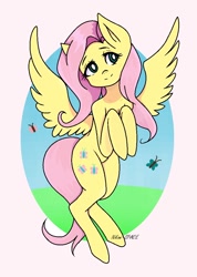 Size: 744x1046 | Tagged: safe, artist:nikimispace, derpibooru import, fluttershy, butterfly, pegasus, pony, cute, female, hooves to the chest, mare, pixiv, shyabetes, solo, spread wings, wings