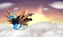 Size: 2048x1204 | Tagged: safe, artist:noxi1_48, oc, oc only, oc:skydreams, oc:tectus ignis, changeling, pony, unicorn, artificial wings, augmented, changeling oc, cloud, excited, female, flying, mare, riding, shipping, skytus, sunset, wings