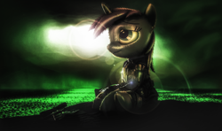 Size: 1938x1151 | Tagged: safe, oc, oc only, oc:littlepip, pony, unicorn, fallout equestria, 3d, clothes, fanart, fanfic, fanfic art, female, foe, gun, handgun, hooves, horn, little macintosh, mare, my little pony, optical sight, pipbuck, post-apocalyptic, revolver, scope, sitting, solo, source filmmaker, vault suit, weapon