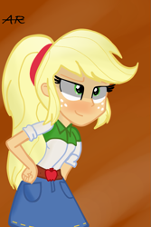 Size: 657x981 | Tagged: safe, artist:applerougi, applejack, equestria girls, belt, blushing, clothes, denim skirt, freckles, green eyes, skirt, solo