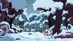 Size: 2880x1620 | Tagged: safe, derpibooru import, screencap, clover the clever, princess platinum, rarity, twilight sparkle, unicorn twilight, pony, unicorn, hearth's warming eve (episode), clearing, crown, duo, female, forest, hood, jewelry, mare, regalia, snow, tree