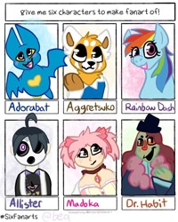 Size: 720x900 | Tagged: safe, artist:beauti.filled, derpibooru import, rainbow dash, anthro, bat, human, pegasus, pony, red panda, :o, adorabat, aggretsuko, allister, anthro with ponies, bust, clothes, crossover, female, hat, madoka kaname, magical girl, mao mao: heroes of pure heart, mare, mask, open mouth, pokémon, puella magi madoka magica, retsuko, sanrio, six fanarts, smile for me, smiling