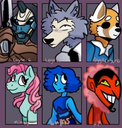 Size: 1080x1136 | Tagged: safe, artist:taffymayha, minty, anthro, earth pony, pony, red panda, wolf, aggretsuko, anthro with ponies, beastars, bust, clothes, female, gun, him, lapis lazuli (steven universe), legosi (beastars), male, mare, necktie, retsuko, sanrio, six fanarts, smiling, steven universe, the powerpuff girls, weapon