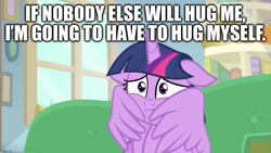 Size: 1280x720 | Tagged: safe, edit, edited screencap, screencap, twilight sparkle, twilight sparkle (alicorn), alicorn, starlight the hypnotist, spoiler:interseason shorts, caption, cute, floppy ears, hug, hug request, image macro, scared, self-hugging, starlight's office, text, twiabetes, wings