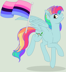 Size: 2208x2392 | Tagged: safe, artist:circuspaparazzi5678, oc, oc only, oc:rainbow blitz, pegasus, pony, base used, ear piercing, earring, female, gray background, jewelry, magical lesbian spawn, multicolored hair, next generation, offspring, omnisexual, omnisexual pride flag, parent:fluttershy, parent:rainbow dash, parents:flutterdash, piercing, pride flag, pride month, rainbow hair, rainbow makeup, simple background, solo