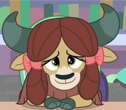 Size: 548x478 | Tagged: safe, screencap, yona, yak, a horse shoe-in, bow, cloven hooves, cropped, cute, female, hair bow, horns, monkey swings, smiling, solo, yonadorable