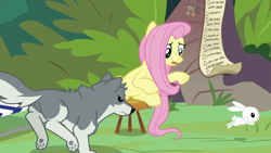 Size: 1920x1080 | Tagged: safe, derpibooru import, screencap, angel bunny, fluttershy, sandra, pegasus, pony, rabbit, wolf, she talks to angel, animal, chase, checklist, female, key, key ring, male, mare, stool