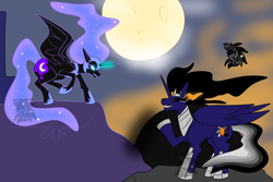 Size: 4500x3000 | Tagged: safe, artist:sapphirus, nightmare moon, oc, alicorn, luna eclipsed, alicorns, commisions, confrontational, eclipse, female, luna is not amused, magic, male, mare, moon, offspring, parent:king sombra, sombra eyes, stallion, unamused