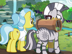 Size: 635x478 | Tagged: safe, screencap, doctor fauna, zecora, earth pony, pony, zebra, she talks to angel, butt, cage, clothes, cropped, duo, duo female, female, frown, leg rings, looking at something, mare, plot, ponytail, shrunken pupils, tree, waterfall