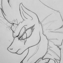 Size: 1080x1081 | Tagged: safe, artist:serpentine-69, tempest shadow, pony, unicorn, broken horn, bust, eye scar, female, frown, horn, lineart, mare, scar, solo, traditional art