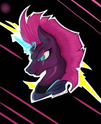 Size: 853x1051 | Tagged: safe, alternate version, artist:serpentine-69, tempest shadow, pony, unicorn, abstract background, broken horn, bust, colored, eye scar, female, frown, horn, mare, scar, solo, sparking horn