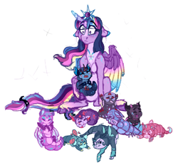 Size: 1160x1075 | Tagged: safe, artist:saphi-boo, twilight sparkle, twilight sparkle (alicorn), oc, alicorn, changedling, changeling, changeling larva, changepony, hybrid, pony, colored wings, crown, female, floppy ears, interspecies offspring, jewelry, mother and child, multicolored wings, offspring, parent and child, parent:pharynx, parent:twilight sparkle, parents:pharlight, regalia, simple background, white background, wings