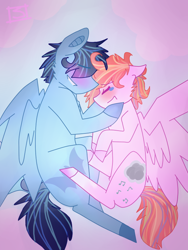 Size: 600x800 | Tagged: safe, artist:shinningblossom12, oc, oc only, oc:rainbow ink, pegasus, pony, blushing, colored hooves, eyes closed, gay, hug, male, oc x oc, pegasus oc, shipping, stallion, wings