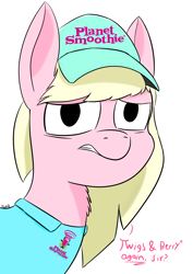 Size: 4092x5787 | Tagged: safe, artist:tazool, oc, bust, clothes, dead inside, depressed, dialogue, employee, female, hat, looking at you, planet smoothie, question, simple background, smoothie, solo, uniform, white background