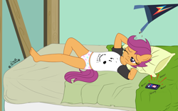 Size: 3261x2052 | Tagged: safe, artist:deserter, artist:tolpain, scootaloo, anthro, pegasus, collaboration, awakening, bedroom, clothes, female, messy mane, morning ponies, panties, pillow, snoopy, solo, underage, underwear