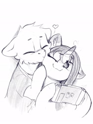 Size: 1536x2048 | Tagged: safe, artist:dimfann, oc, oc only, oc:dim, oc:sylvine, pony, unicorn, black and white, grayscale, kissing, monochrome, nintendo switch